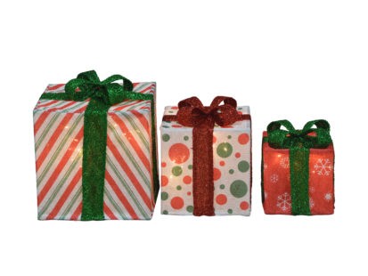 CANDY CANE LANE 8/10/12 INCH SET OF THREE RED STRIPE, DOT, SNOWFLAKE WITH RED OR GREEN BOW PRESENTS OUTDOOR LED DÉCOR, NESTED