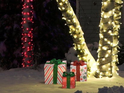 CANDY CANE LANE 8/10/12 INCH SET OF THREE RED STRIPE, DOT, SNOWFLAKE WITH RED OR GREEN BOW PRESENTS OUTDOOR LED DÉCOR, NESTED