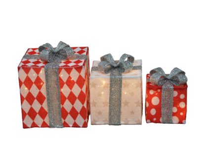 CANDY CANE LANE 8/10/12 INCH SET OF THREE DIAMOND, STAR, DOT WITH SILVER BOW PRESENTS OUTDOOR LED DÉCOR, NESTED