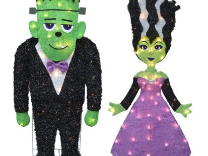 28IN SPOOKY TOWN 2D PRE-LIT LED FRANKENSTEIN AND BRIDE YARD ART ASSORTMENT