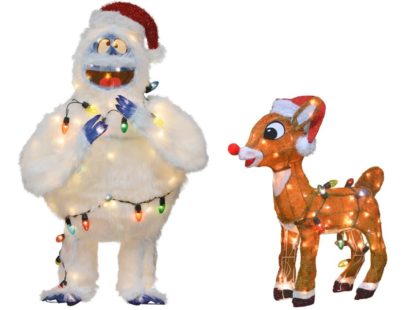 32in RUDOLPH 3D PRELIT  YARD ART  BUMBLE WITH LIGHT STRAND  W/24″ RUDOLPH 3D PRE-LIT YARD ART STANDING RUDOLPH WITH C9 LIGHTS)