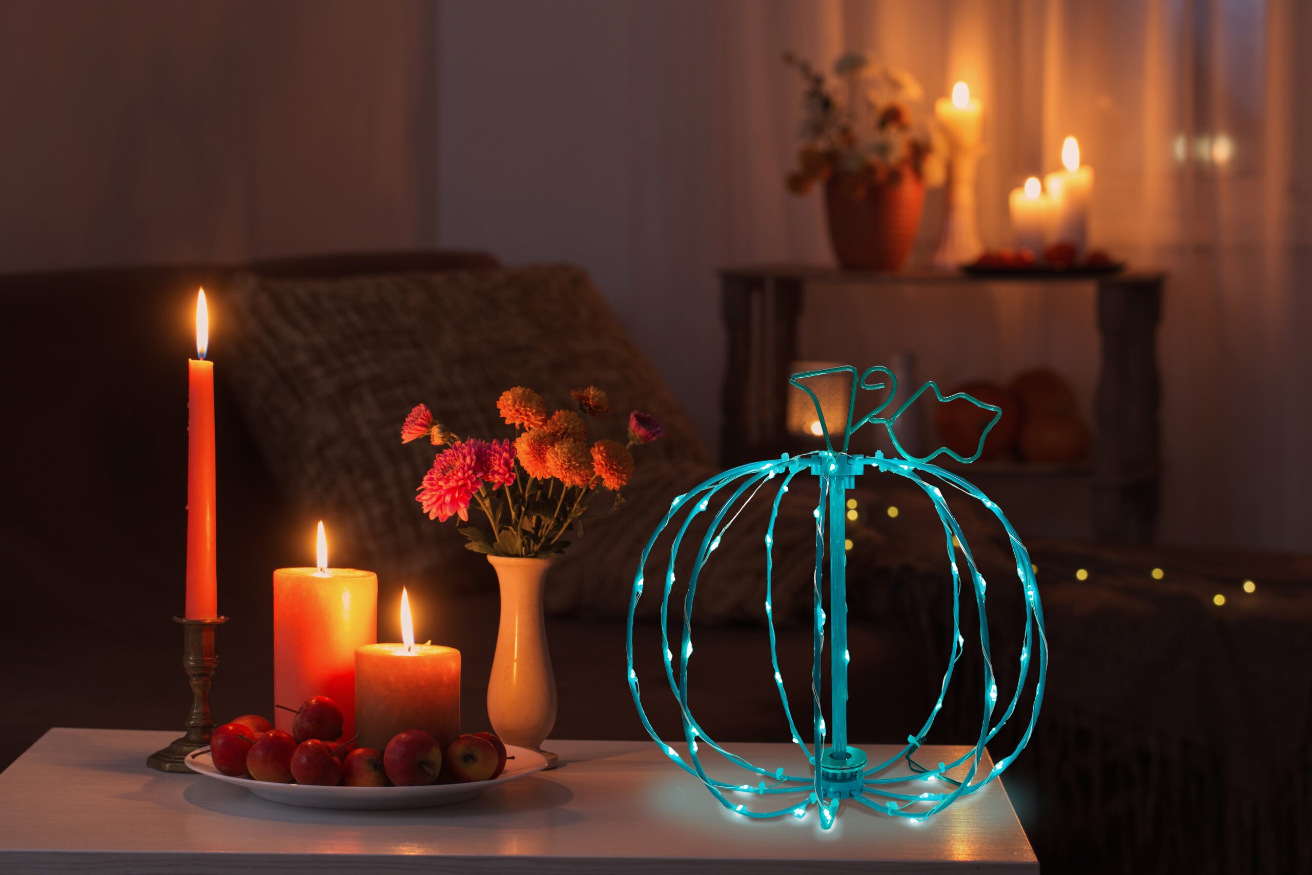 10IN SPOOKY TOWN 3D WIRE DÉCOR TEAL LIGHTS AC/TINY LITES ON/OFF PUMPKIN